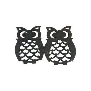 Vintage Cast Iron Owl Trivets set of 2 Miniature Hot Plate 4" Wide Eyed Boho